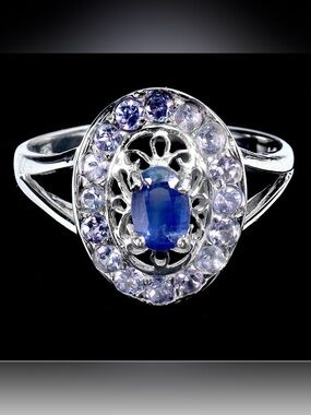 Natural Kyanite with Tanzanite Halo Intricate 925 Sterling Silver Size 9 Ring